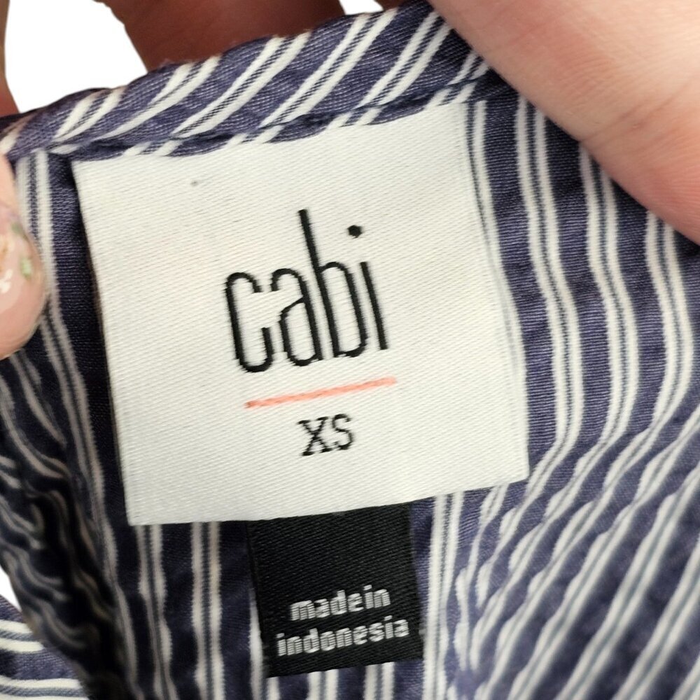 Cabi Navy Blue and White Striped Blouse With Frilly Lace Flutter Shoulders Sz XS - Picture 5 of 8